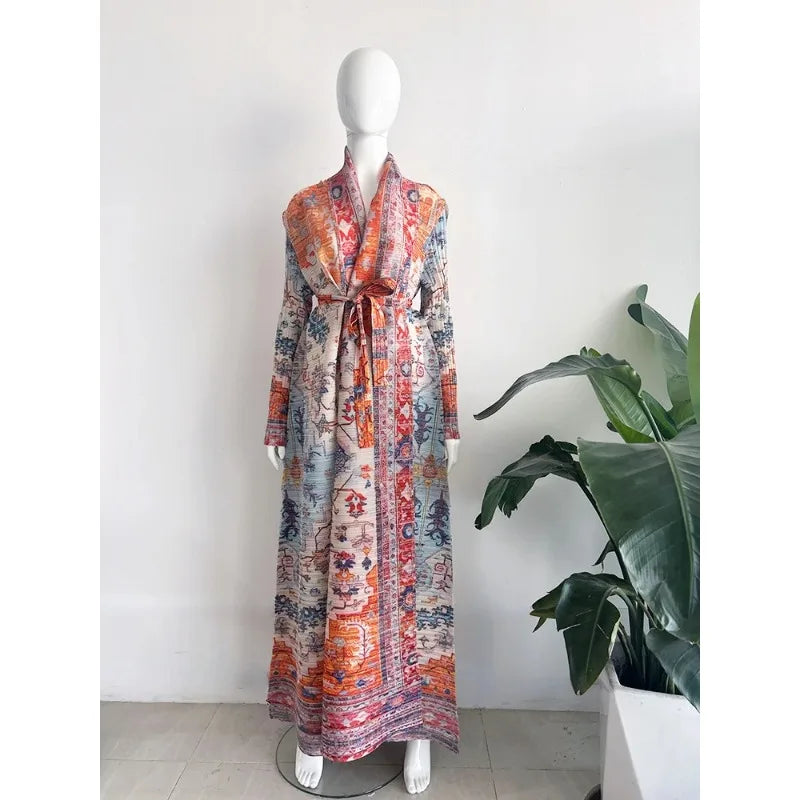 KAF Pleated Women Luxury Trench 2025 Spring Fall New Vintage Printed Cardigan Design Loose Large Size Arabian Female Abaya