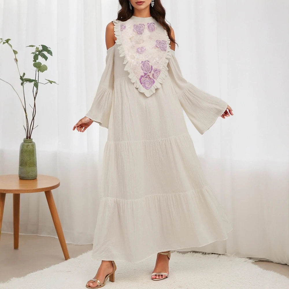 Rafiah Autumn Arabian Long Dress 2025 Cute Chic Flounce Floral Flare Sleeve Mock Neck A-Line Long Dress For Women