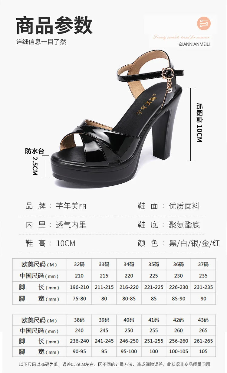 Women’s High Heel Summer Leather Sandals – 10 cm Spike Heel with Platform, Open Toe