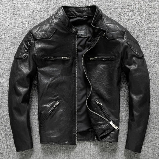 Sheepskin Vegetable Tanned Vintage Washed Distressed Top Layer Genuine Leather Jacket For Men Motorcycles Short Leather Jacket
