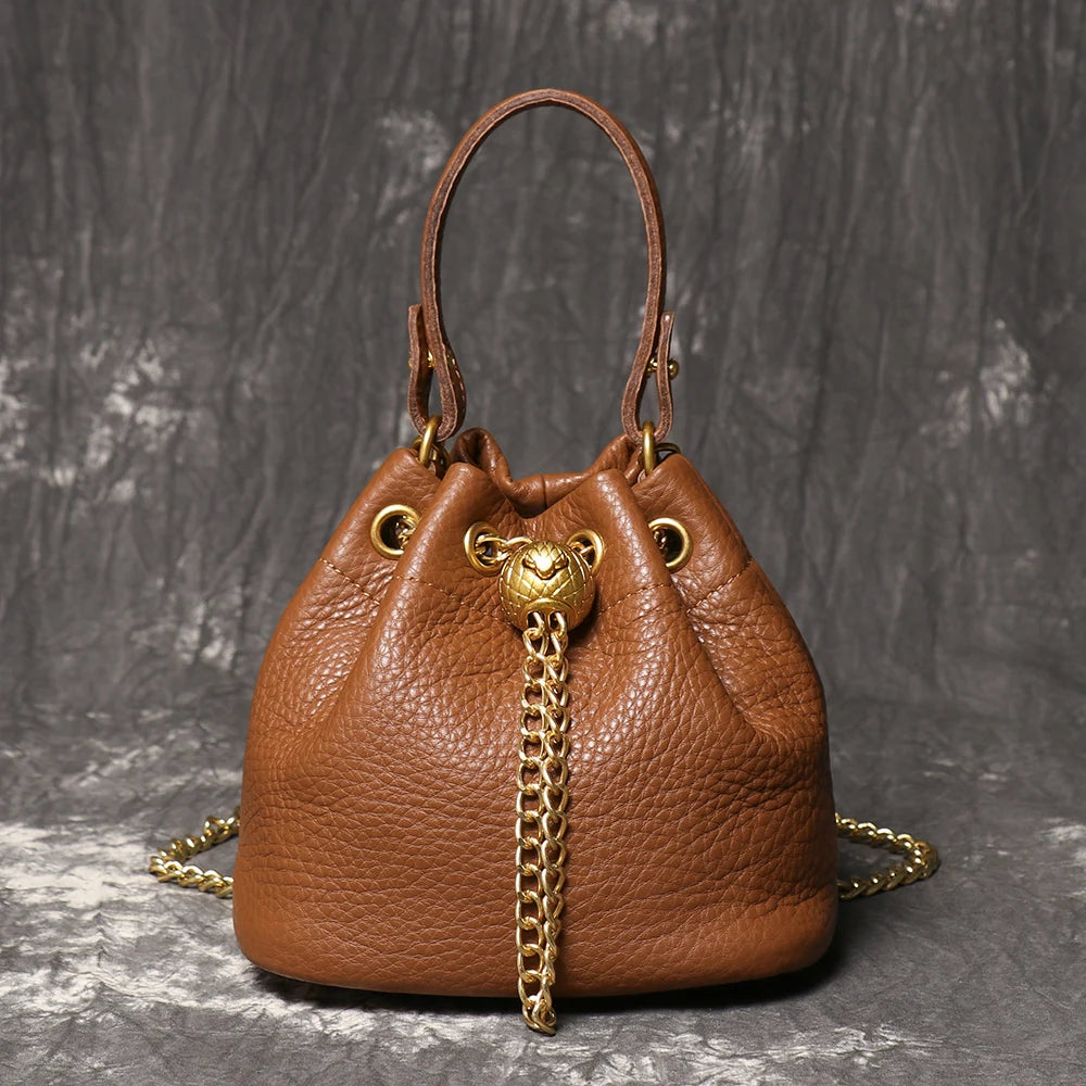 LUOKIR New Metal Drawstring Versatile Women's Handbag Genuine Leather Chain Crossbody Bag Vintage Bucket Bag Mobile Phone Bag