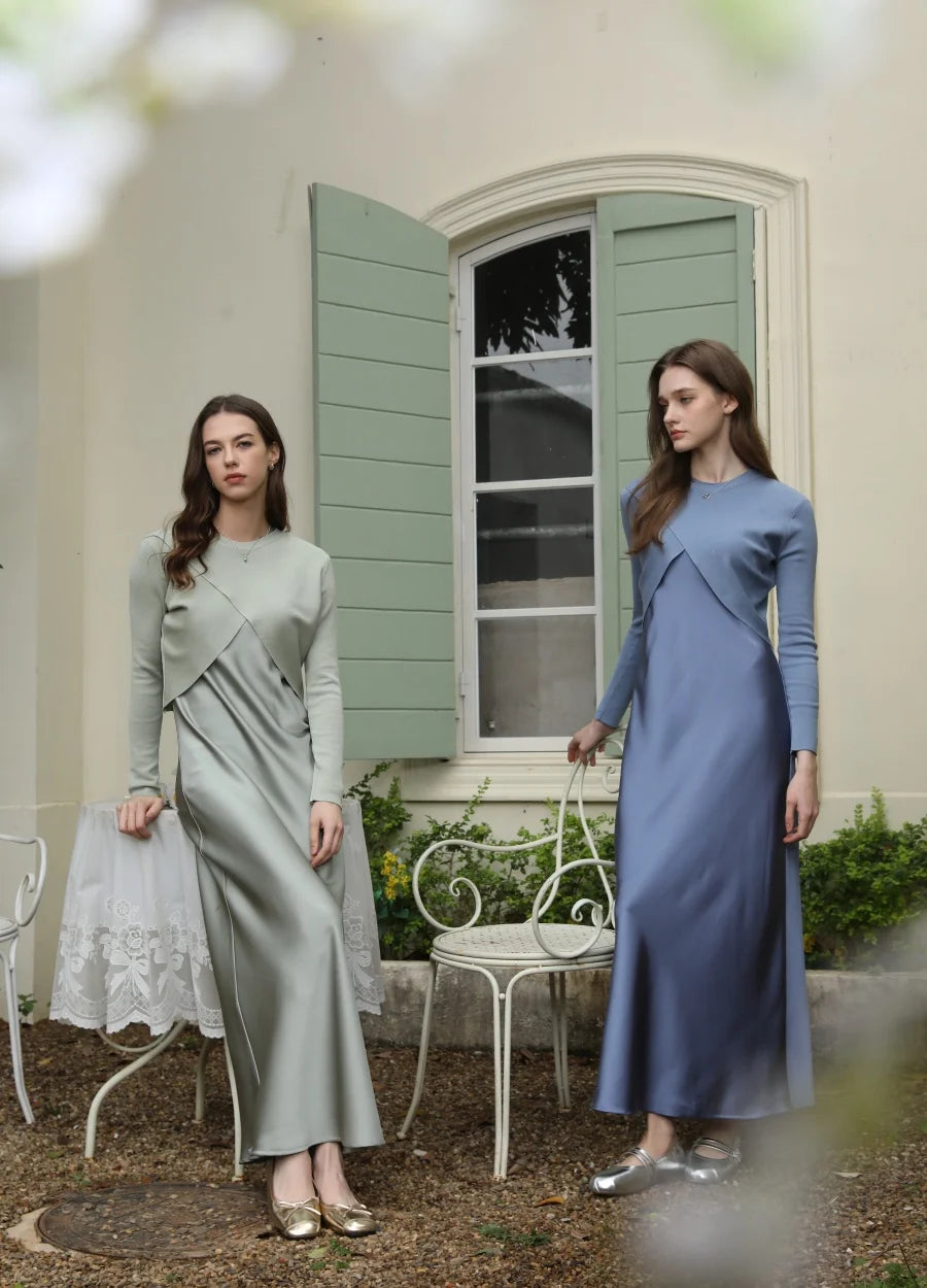 AS 2025 Spring/Summer Elegance Satin Maxi Dress & Knitted Top Set