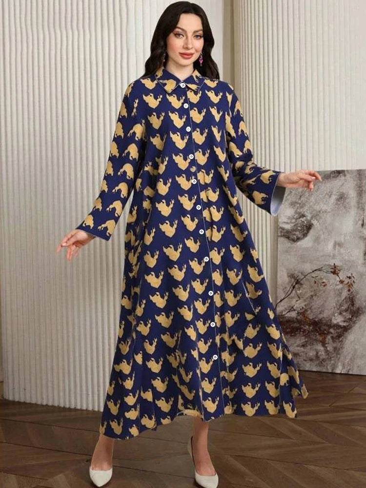 Rafiah Women's Dresses Summer Comfortable 2025 Full Print Button Long Sleeve Shirt Collar A-Line Midi Vacation Long Dresses