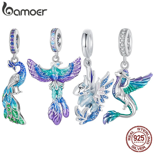 Bamoer  925 Sterling Silver Phoenix Pendant Dragon Charms Enamel Process Plated Platinuma Fit Women DIY Bracelet Fine Jewelry
