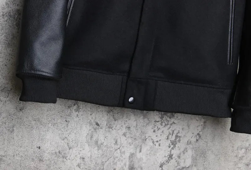 Men 100% Genuine Leather Jacket Woolen Patchwork Loose Stand Collar Jacket Street Zip Black Bomber Outerwear Plus Size 6XL