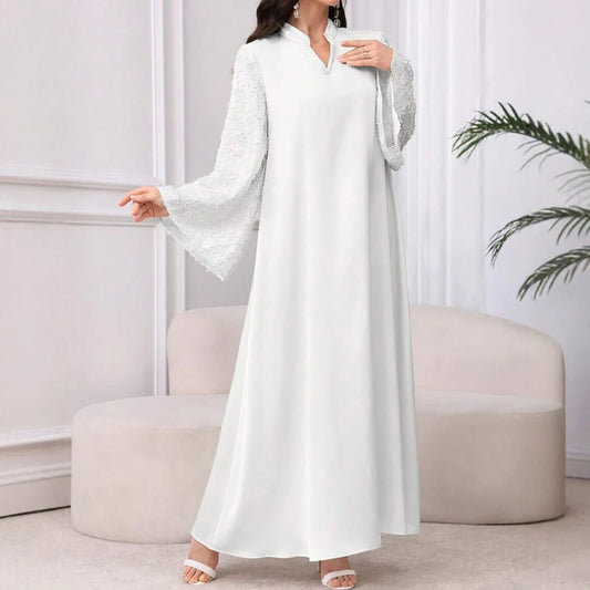 Rafiah Autumn Dresses 2025 Women's Simple Plain Long Sleeve V-Neck Loose Fit Dating Long Arabian Dresses