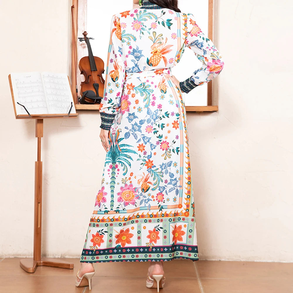 Rafiah Summer Arabian Dress 2025 Cultural Intricate Full Print Long Sleeve High Neck Midi A-Line Long Dress For Women