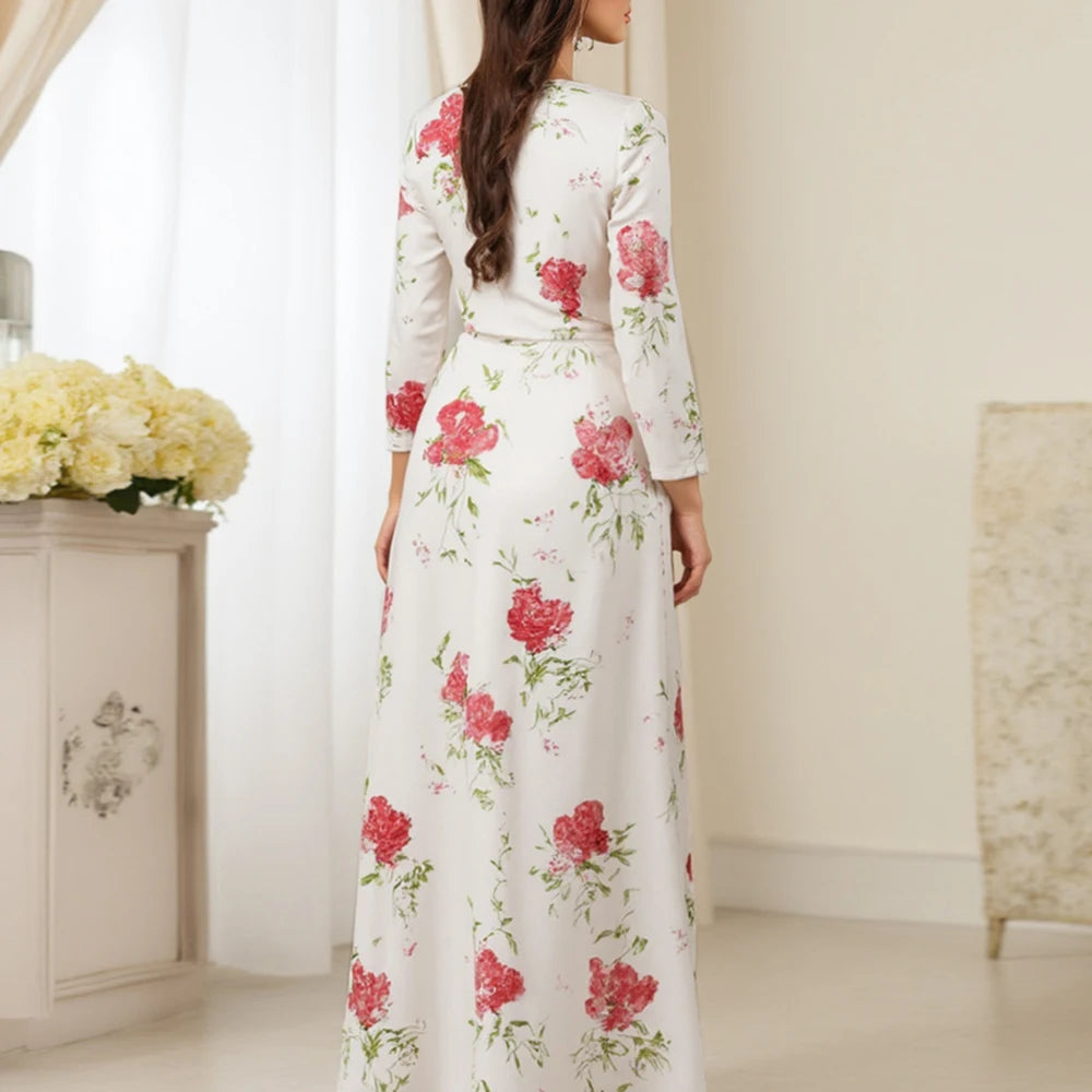 Rafiah Women's Arabian Dress Autumn Winter 2025 Elegant Fashion Floral Full Print Long Sleeve V-Neck Arabian Dress For Women