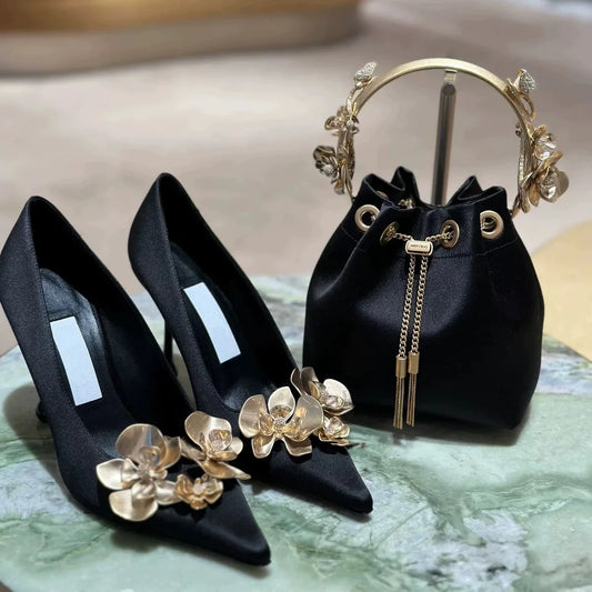 Satin Designer Women Pumps 2025 Sexy Pointed Toe Gold Flower Decoration Thin High Heels Fashion Banquet Dress Mules Shoes