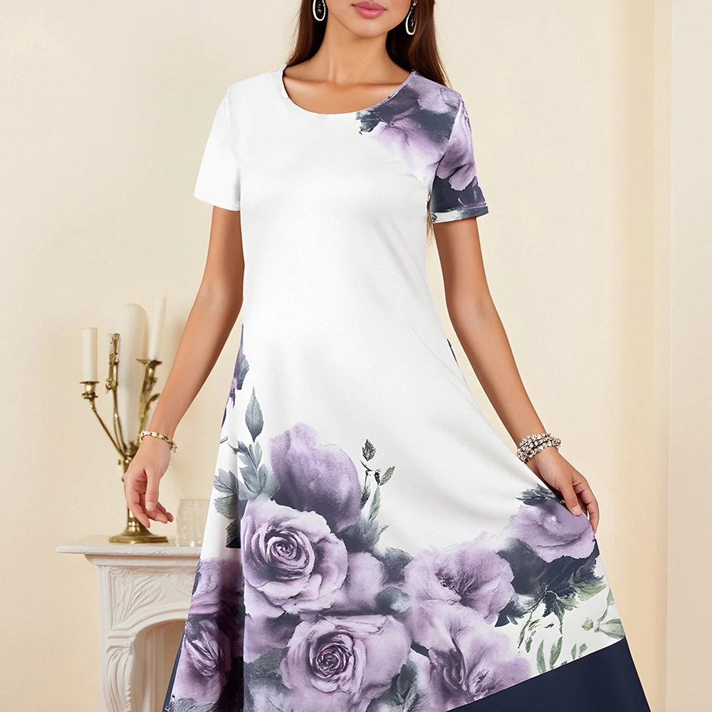 Rafiah Summer Women's Arabian Dress 2025 Traditional Elegant Patchwork Floral Print Short Sleeve Round-Neck Ruffle Hem Dresses