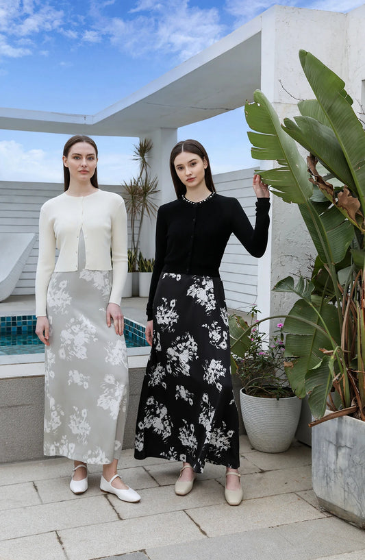 AP 2025 Spring/Summer Women Floral Satin Slip Dress with Knit Cardigan