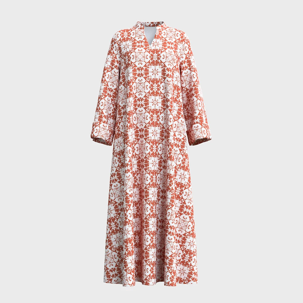 Plus Size Rafiah Women's Summer Arabian Dress 2025 Geometric Printing Long Sleeve Half Open Collar Loose Fit Long Dress