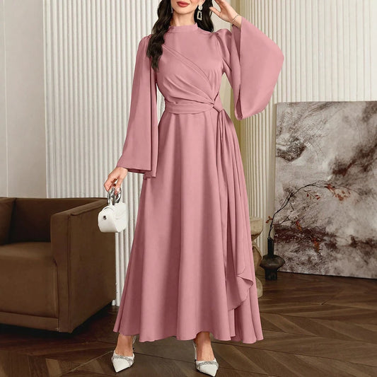 Rafiah Women's Dress 2025 Elegant Casual Arabic Style Dress with Waist Tie for Daily Simple Wear Long Evening Dress