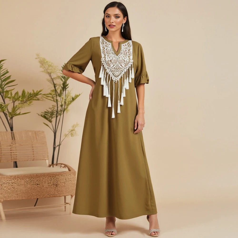 Rafiah Women's Long Dresses Summer Elegant Fashion 2025 Tassel Embroidery Short Sleeve V-Neck A Line Midi Vacation Dresses