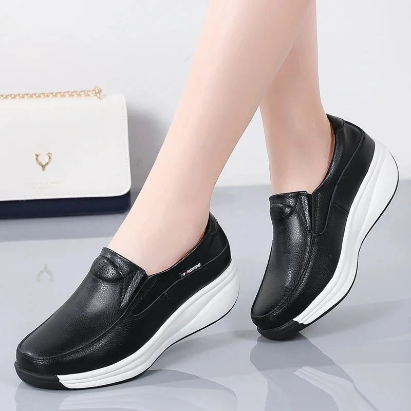 Women’s Genuine Leather Platform Loafers – Orthopedic Slip-On Casual Flats