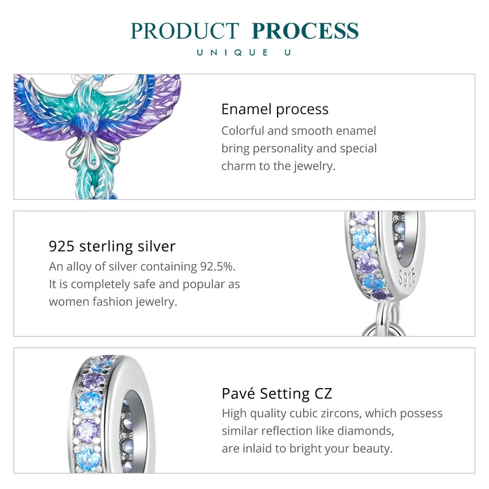 Bamoer  925 Sterling Silver Phoenix Pendant Dragon Charms Enamel Process Plated Platinuma Fit Women DIY Bracelet Fine Jewelry
