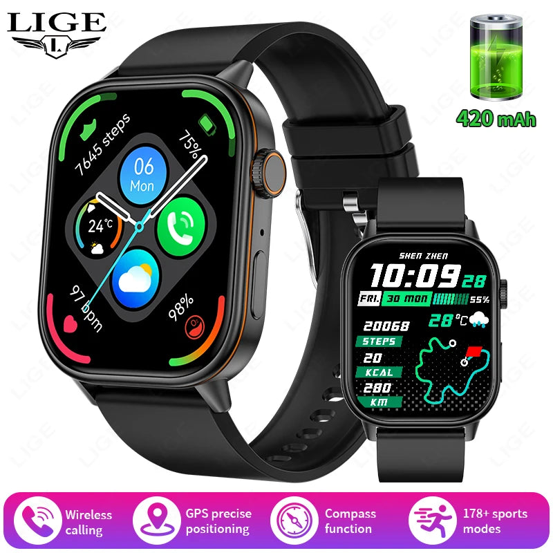 ساعة LIGE الذكية الجديدة بنظام تحديد المواقع العالمي (GPS) للرجال مزودة ببوصلة رياضية للياقة البدنية وبلوتوث ومكالمات IP68 مقاومة للماء للرجال والنساء ساعة ذكية لهواتف Xiaomi وHuawei وiPhone