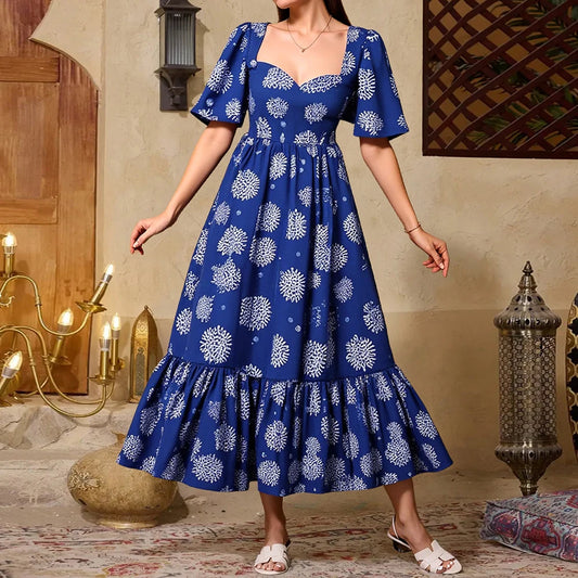 Rafiah Women's Summer Long Arabian Dress Chic Daily Full Print Short Sleeve Sweetheart Neck Midi A-Line Shift Dresses