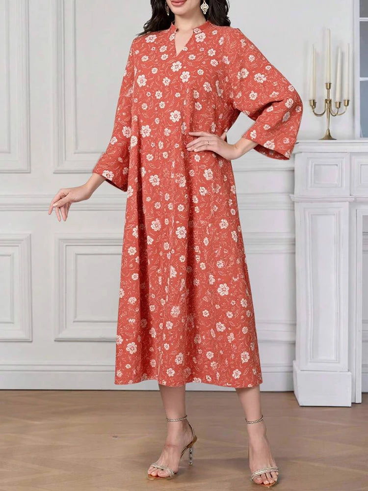 Rafiah Women's Arabian Dress Even Dress 2025 Summer Elegant Full Print Long Sleeve V-Neck Vacation Loose Fit Long Dress