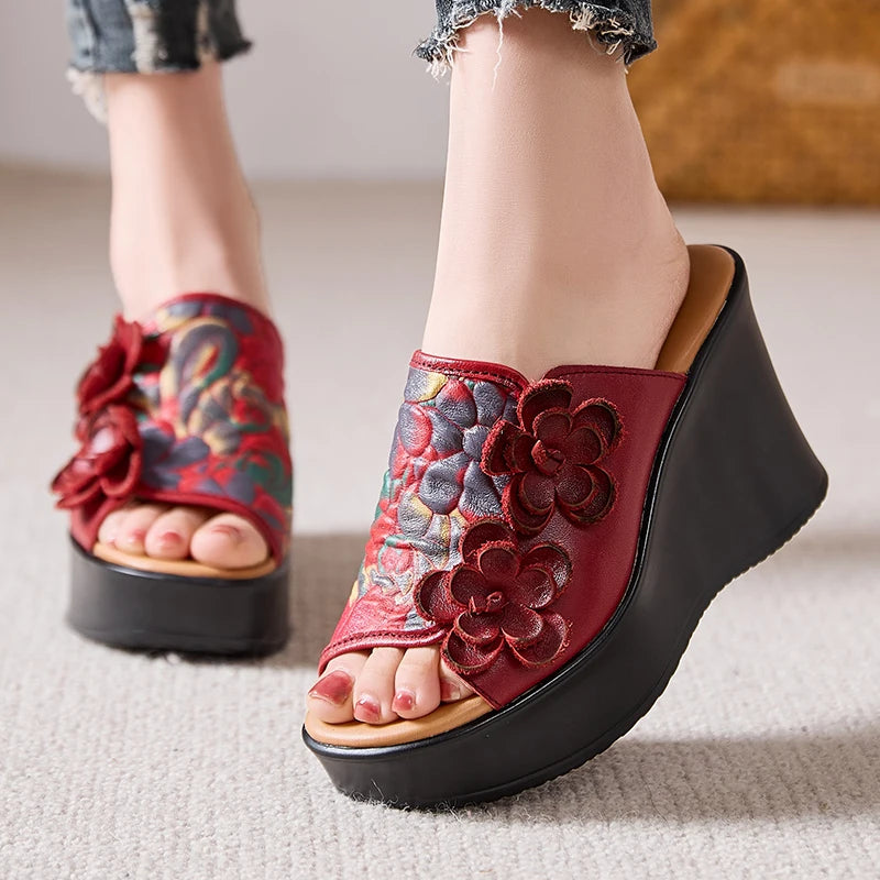 Genuine Leather Women Flower High Heels Wedges Summer Platform Slippers