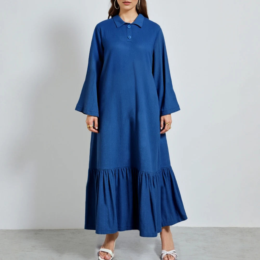 Rafiah Women's Summer Dress Simple Decent Plain Ruffle Long Sleeve Shirt Collar Midi Shirt Dresses Casual Arabian Dress