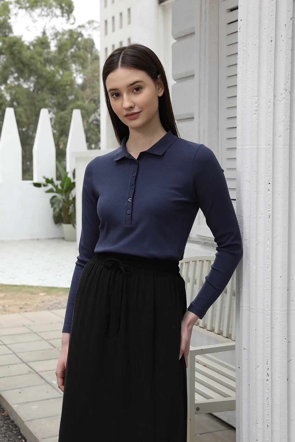 AP 2025 Spring/Summer Women Turn-Down Collar Tee & Cotton Blend Skirt Set