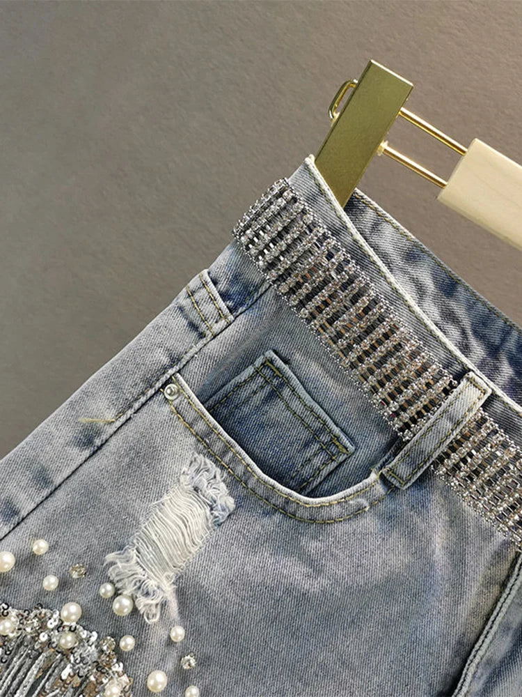 Elegant Tassel Beaded High Waist Denim Shorts – Wide-Leg Summer Jeans