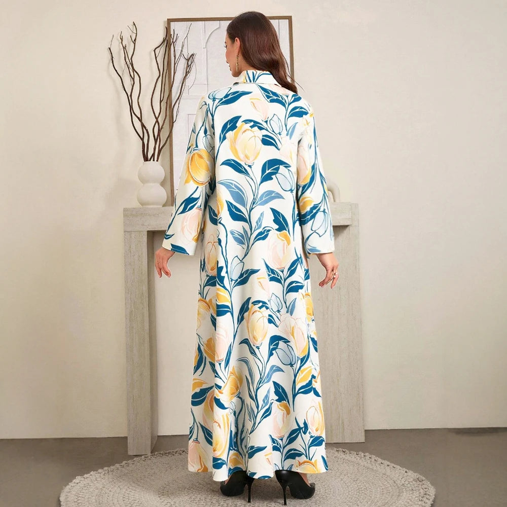 Plus Size Rafiah Women's Summer Arabian Dress 2025 Botanical Print Loose Fit Long Sleeve Lapel Draped Long Dress