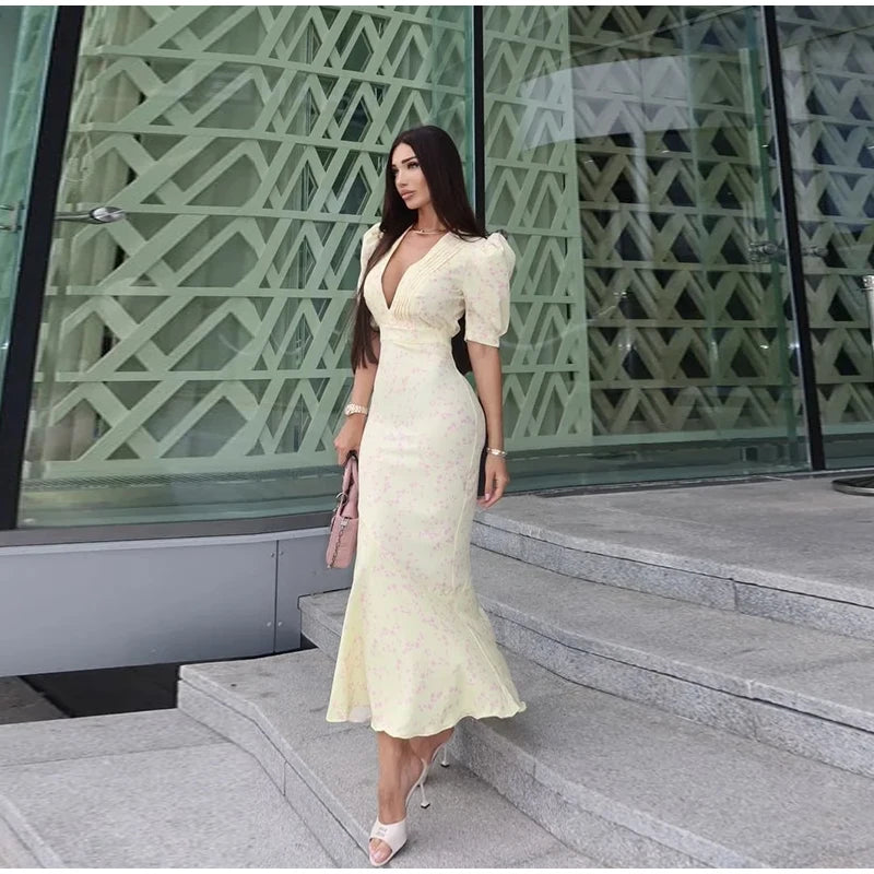 Women Sexy Patchwork Print Dress Fashion V-neck Short Puff Sleeve Hip Package Female Dresses 2025 Summer Urban Lady Robe