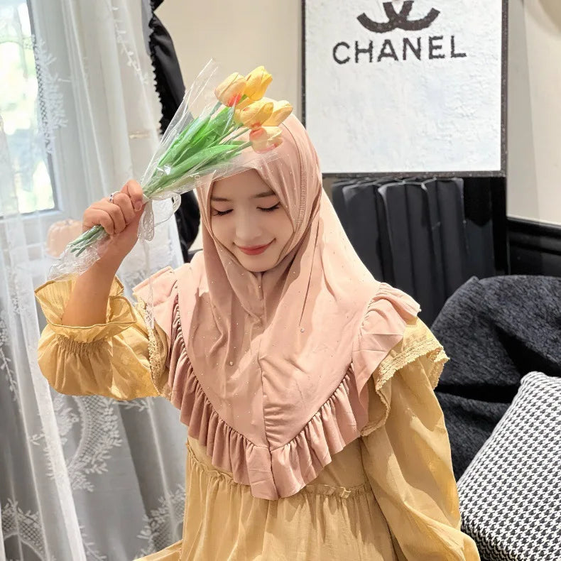 Eid Muslim Ruffles Khimar Women Instant Scarf Hijab Islamic Prayer Headwraps Shawl One Piece Amira Turban Arab Pull On Headscarf