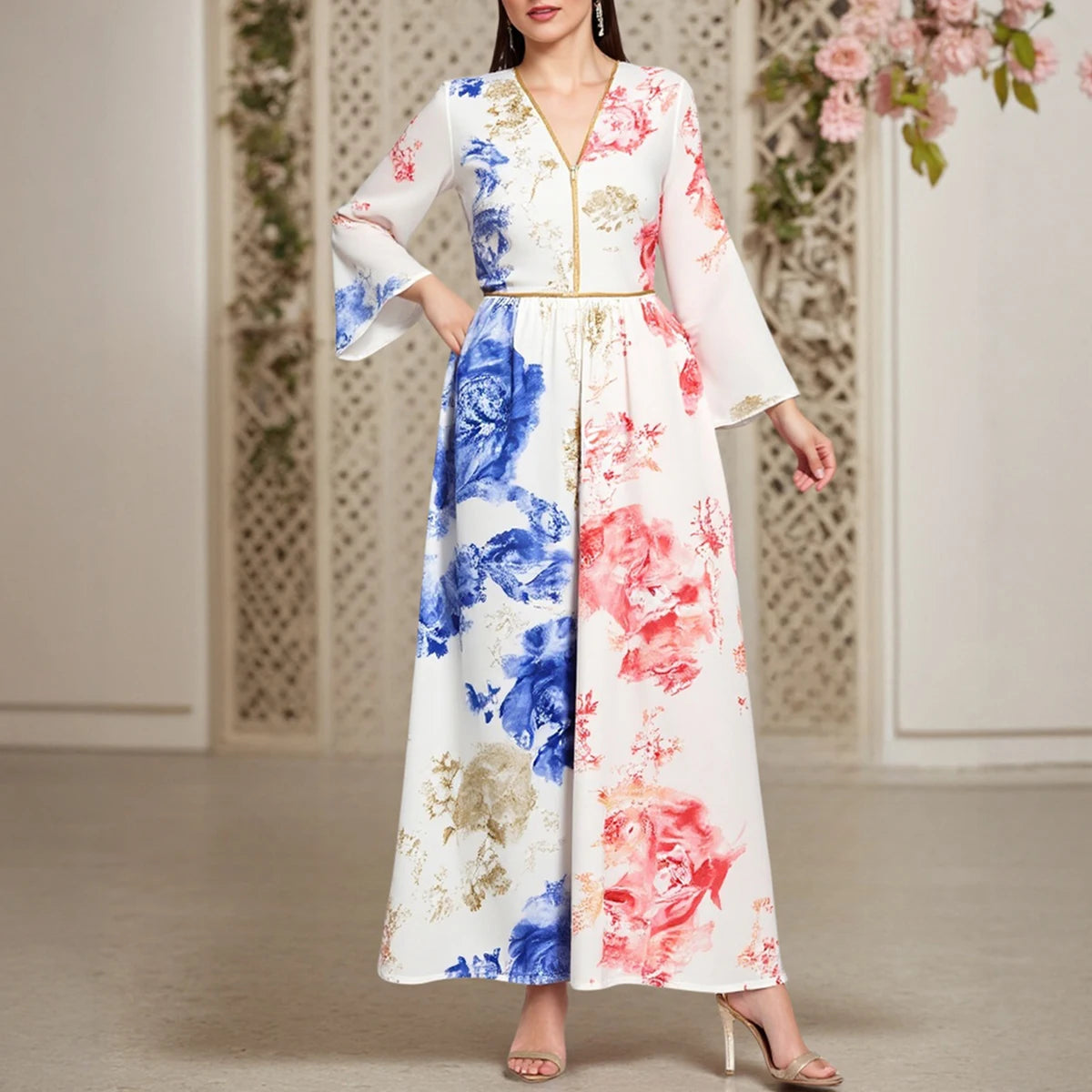 Rafiah Women's Summer Arabian Dress Loose Fit Comfortable Floral Contrast Color Long Sleeve V-Neck Midi Casual Arabian Dress