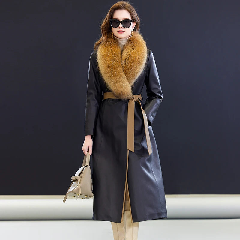 100% Sheepskin Puffer Jacket Women High Quality Long Down Coats Winter Raccoon Fur Collar Coat Womans Clothing Leren Donsjas