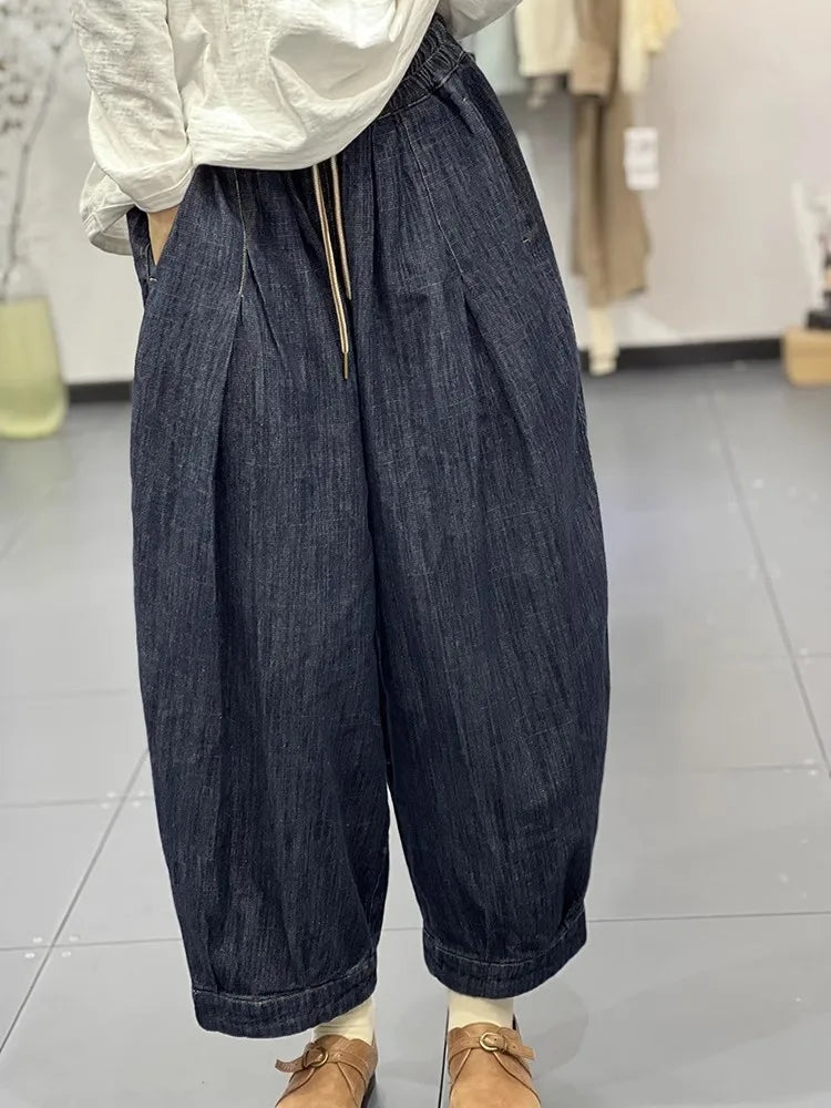 Faionable Retro Artistic Women's Jeans Harlan Pants High Waist Long Trousers All-Match Dstring Elastic Waist Tailored