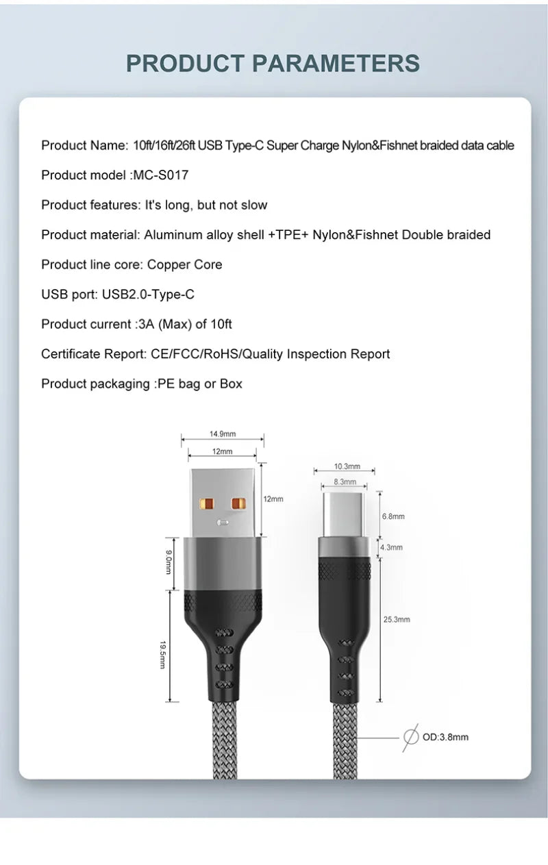 6A Extended USB TYPE-C Cable Braided Data Cable Suitable for Samsung, Huawei,Xiaomi Switch, Sony PS5 TYPE-C 8m,5m,3m,2m,1m Cable