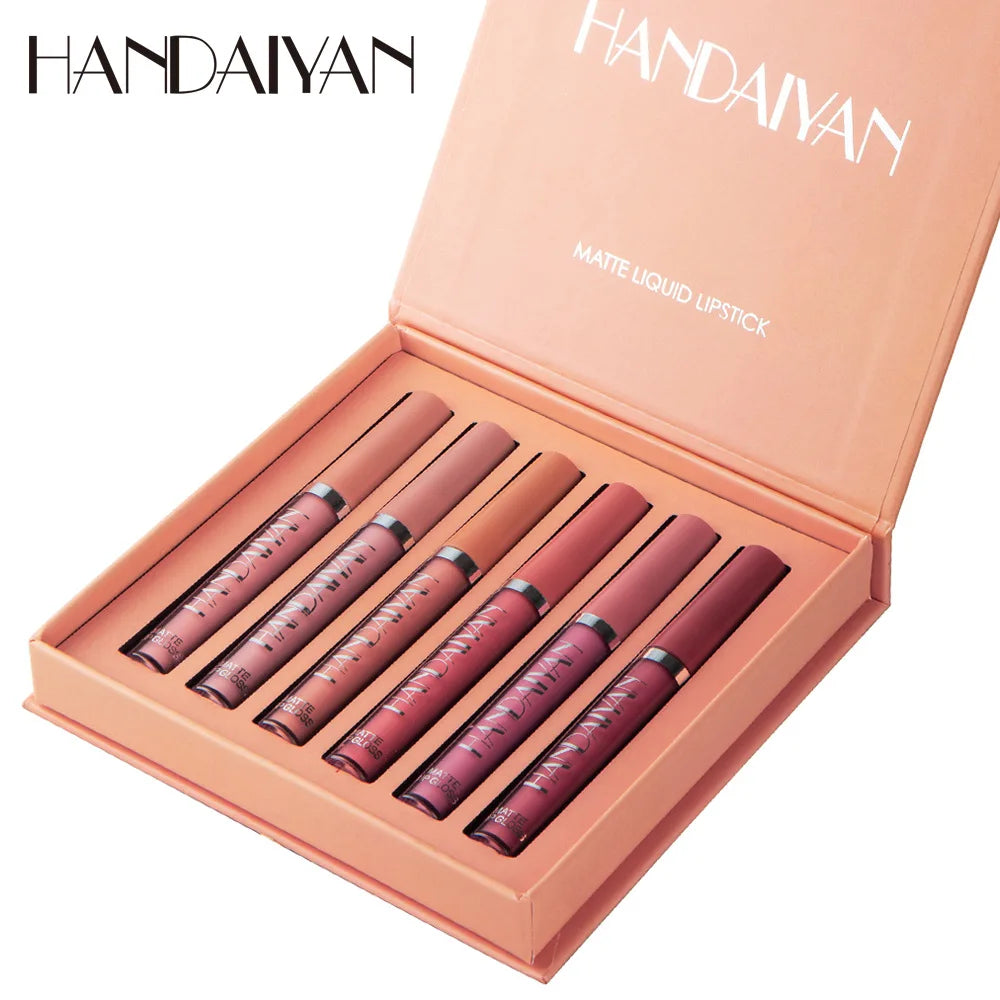 HANDAIYAN 6 Shade Lipstick Set Matte Finish Liquid Lip Gloss Waterproof Long Lasting No Smudge Vegan Beauty