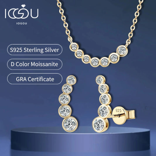 IOGOU 2024 Bezel Moissanite Jewelry Set Silver 925 Bubble Pendant Necklace Stud Earrings Women's Gift Valentine Day Christmas