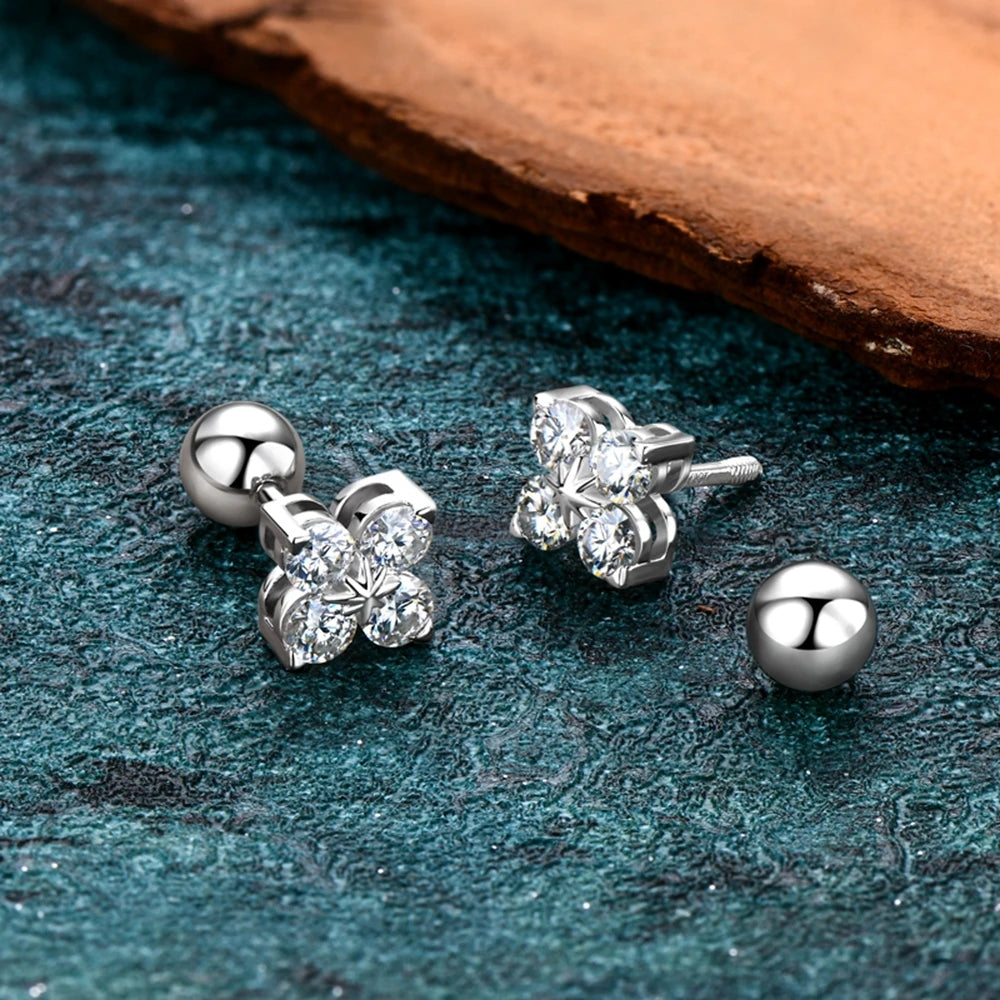 Lnngy Certified Four Leaf Clover 3mm Moissanite Earrings For Women 925 Sterling Silver Stud Earrings Moissanites Jewelry Gift