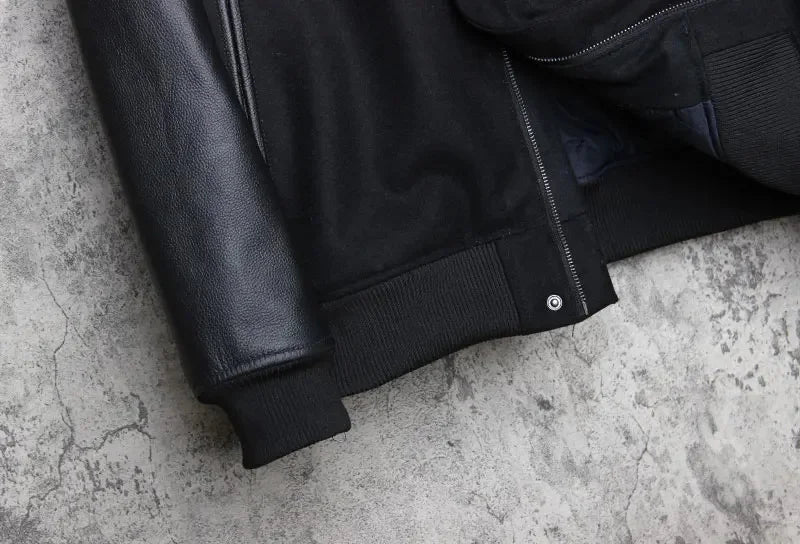 Men 100% Genuine Leather Jacket Woolen Patchwork Loose Stand Collar Jacket Street Zip Black Bomber Outerwear Plus Size 6XL