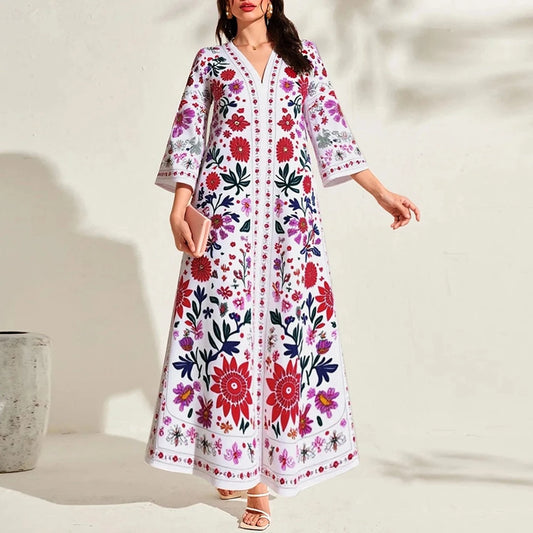 Rafiah Women's Dresses Summer Elegant Decent 2025 Cultural Long Sleeve V-Neck Midi A Line Casual Long Dress