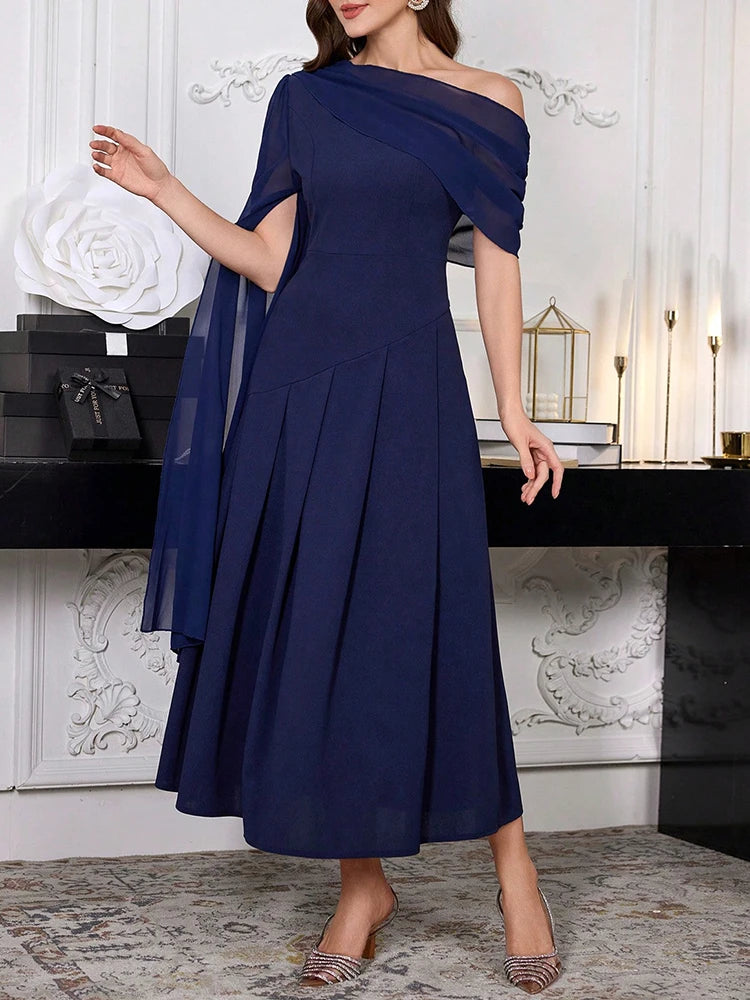 Rafiah Dresses 2025 Woman K-FashionSolid Color Casual Long Monochrome Dress with Asymmetrical Shoulder for Women's Daily Wear