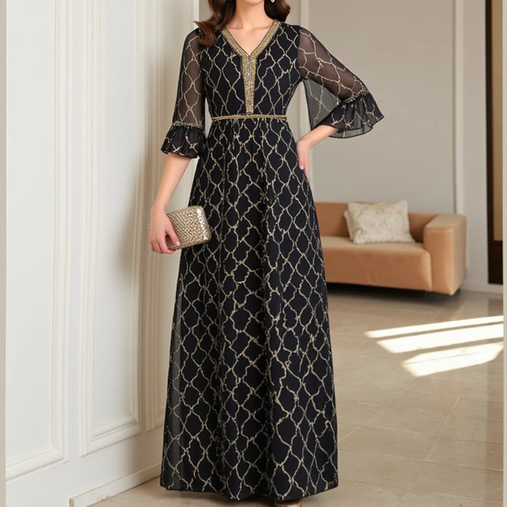 Rafiah Summer Women's Arabian Dresses 2025 Traditional Luxurious Checked Print Appliques Short Sleeve V-Neck Evening Dresses