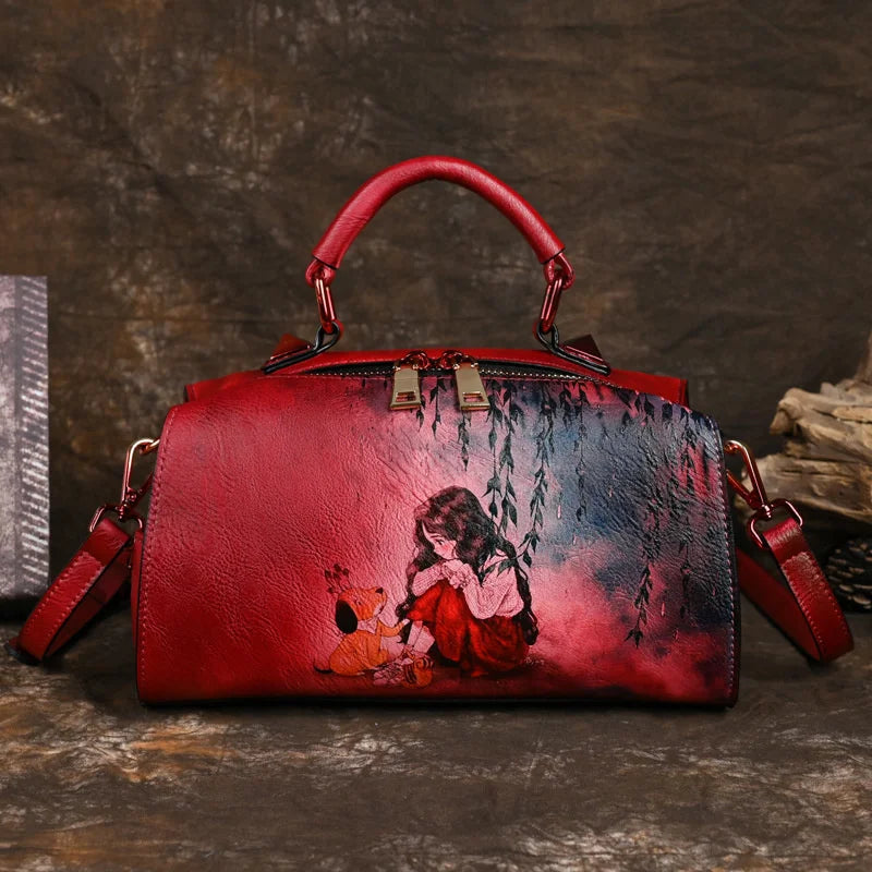 MOTAORA Vintage Women Luxury Leather Handbag For Female Bag Luxury Designer Hand Drawn Cartoon Pattern Ladies Shoulder Bags 2025