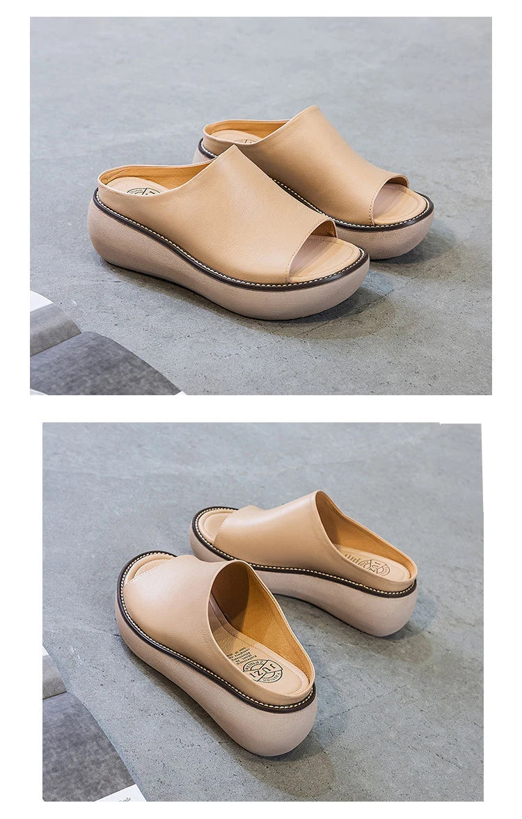 Women’s Genuine Leather Wedge Slippers – Handmade Summer Slides