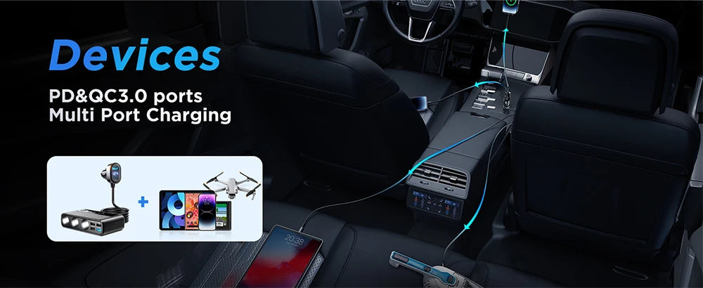 Joyroom 154W 9 in 1 Car Charger Adapter Charge Independent Switches DC Cigarette Outlet PD 3 Socket Cigarette Lighter Splitter