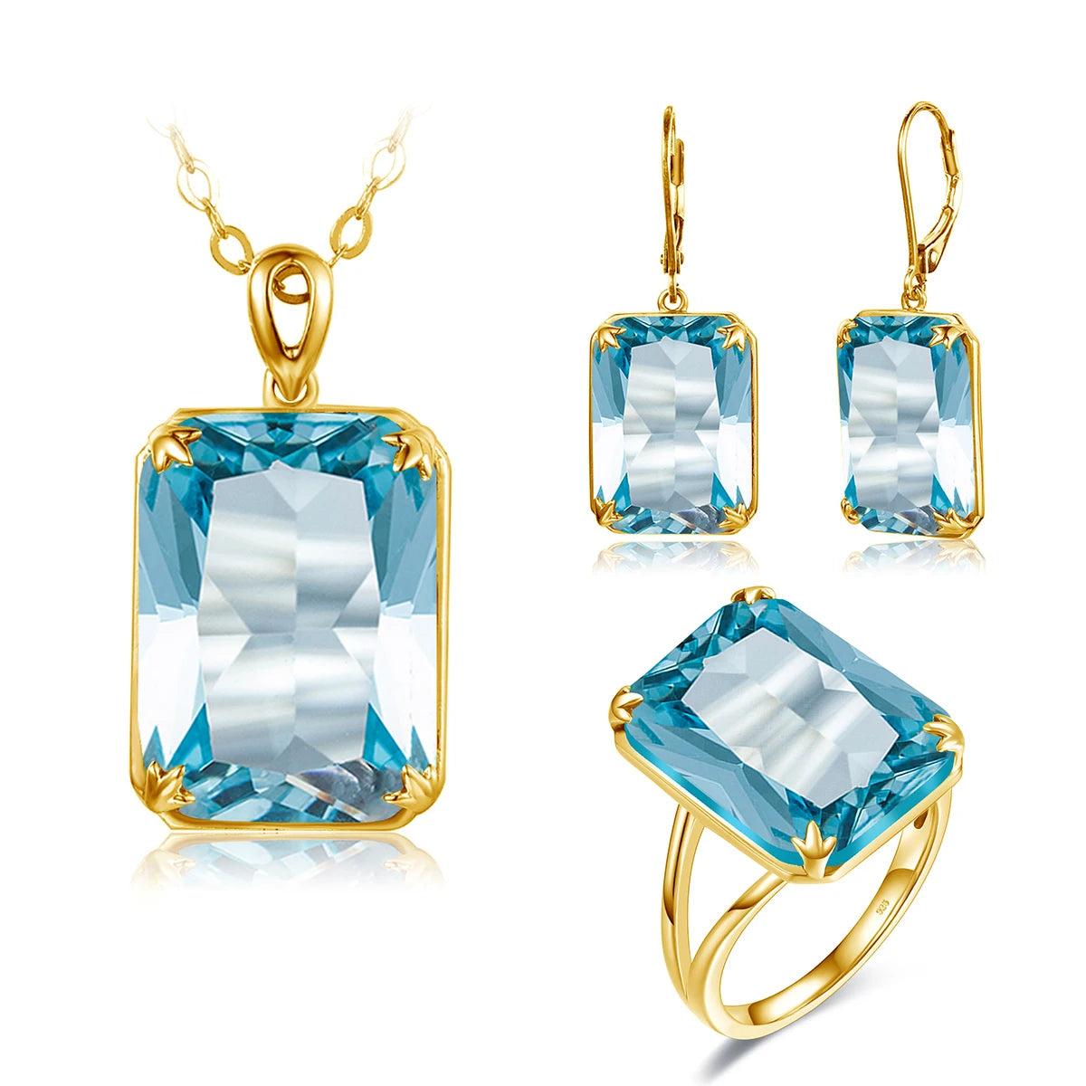 Classic Jewelry Sets for Women 18K Gold Plated Aquamarine Ring Earrings Pendant Silver 925 Anniversary Wedding Quality Gifts