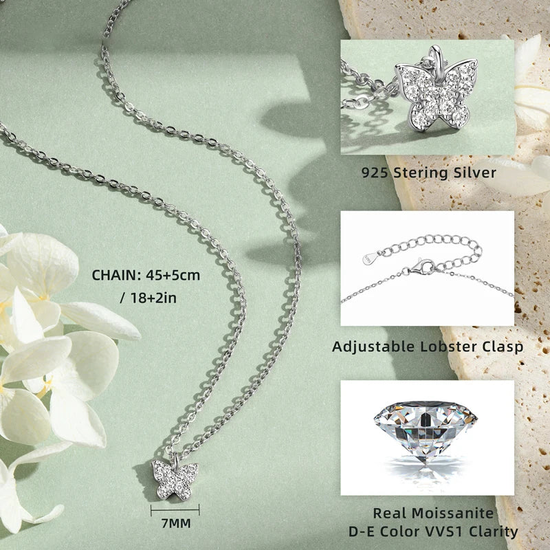 Lnngy Genuine 925 Silver Butterfly Pendant Necklaces Exquisite Moissanite Necklace Stud Earring Jewelry Set For Birthday Gift