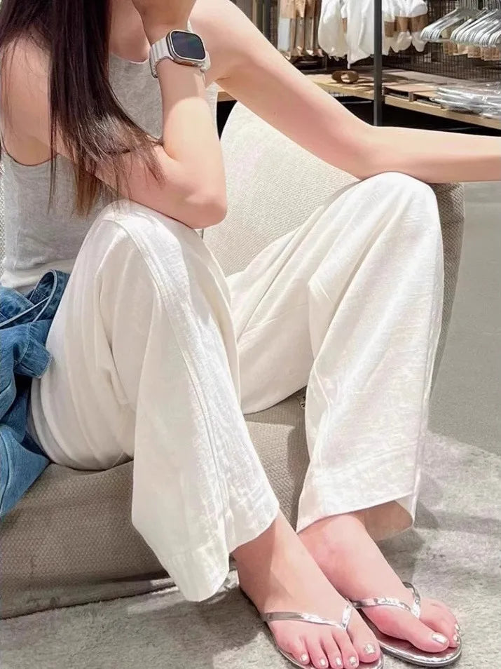 Ele White Cotton Linen Wide Leg Pants Women Summer High Waist Draped Loose Slim Straight Casual Thin Pants