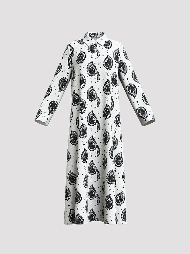 Rafiah Women's Dresses Summer Comfortable 2025 Print Modest Fashion Long Sleeve Shirt Collar A-Line Midi Vacation Long Dresses