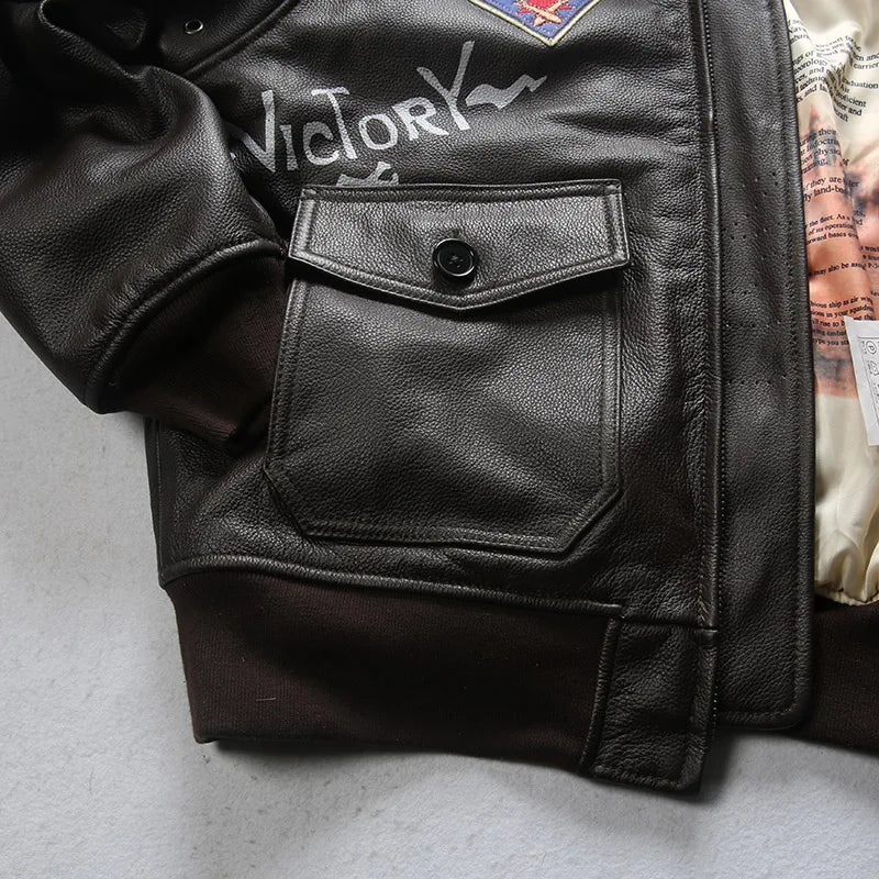 Super Fast Shipping G1 Pilot Jacket Men Removable Hair Collar Genuine Cowhide Vintage Embroidered Label Casual Leather coat TOP