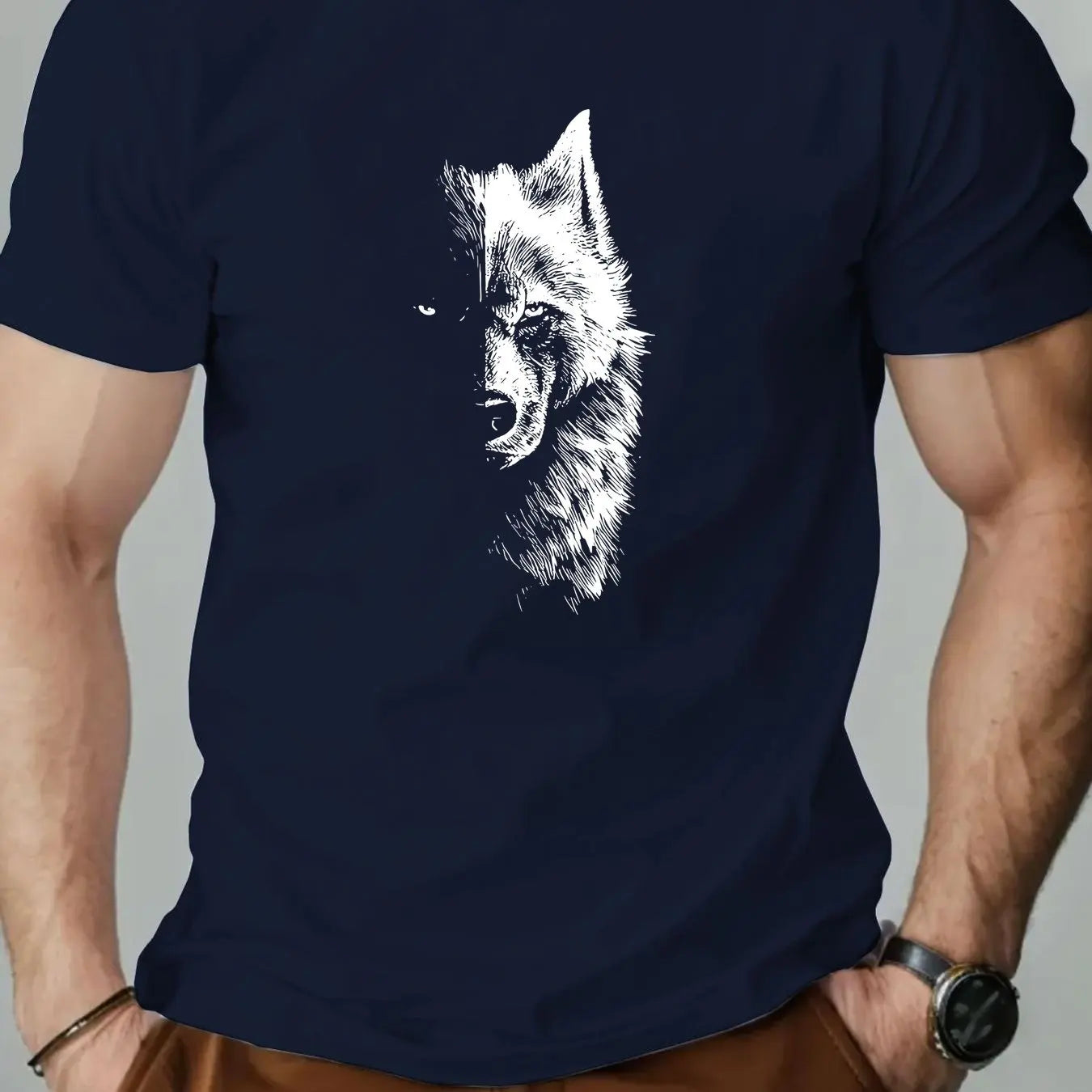🐺 Men’s Summer 100% Cotton Casual T-Shirt,Half Wolf Pattern Print | Loose Fit | Round Neck | Breathable Comfort